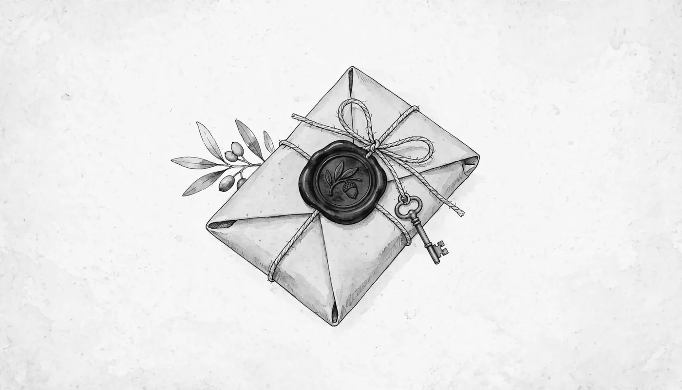 A parcel sealed with a black wax seal and key