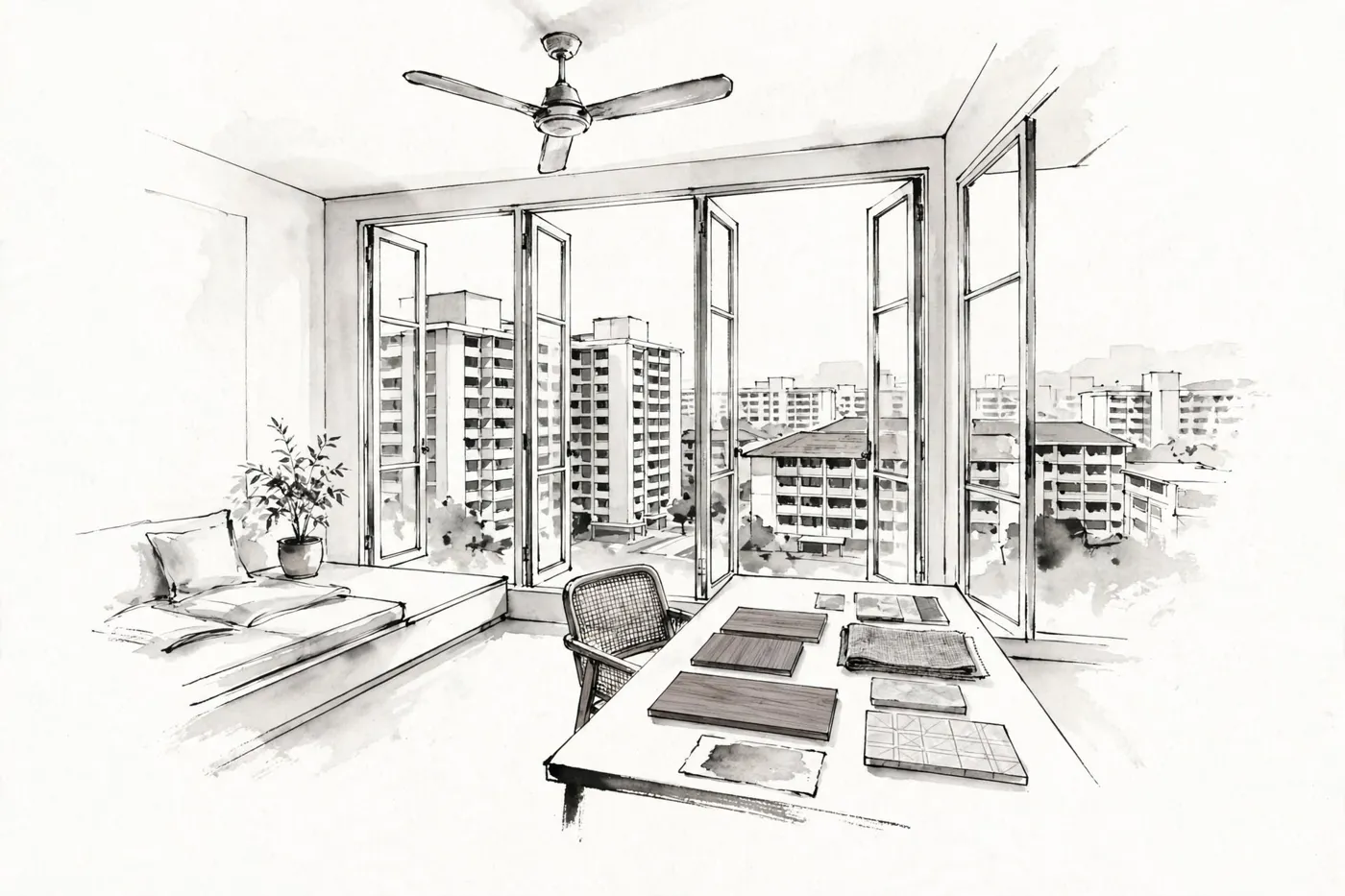 Ink illustration of a renovated Singapore HDB living room