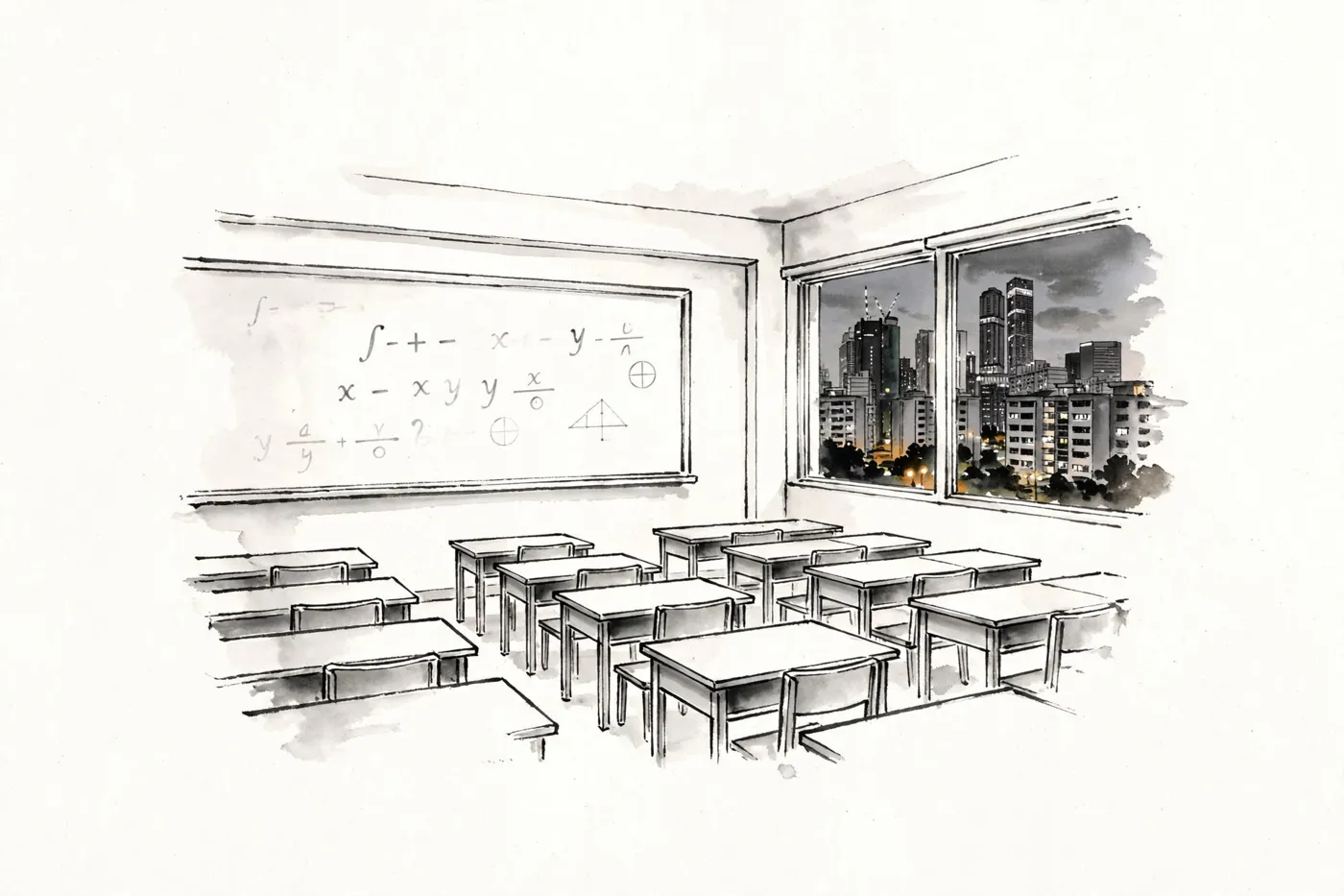 Ink illustration of a Singapore tuition centre classroom in the evening